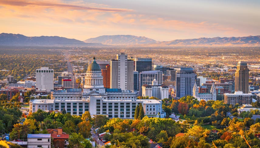 Salt Lake City, Utah, USA downtown city skyline at dawn.