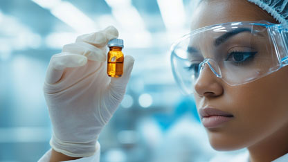 A woman inspecting an undesigned vial containing a liquid