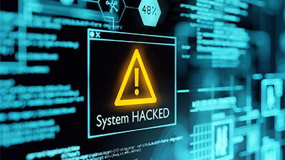 A computer popup box screen warning of a system being hacked, compromised software environment. 3D illustration.